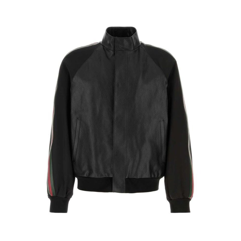 Gucci Men Black Leather Bomber Jacket